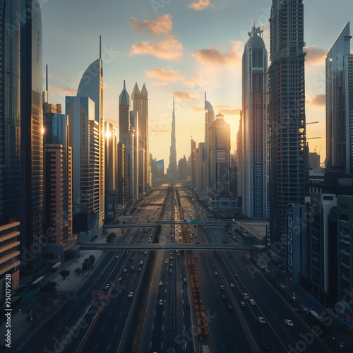 Futuristic Cityscape at Sunset with Skyscrapers and Busy Streets