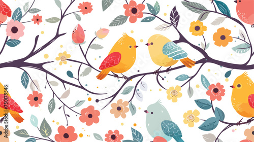 Bird and flower detailed kid seamless vector pattern © iclute