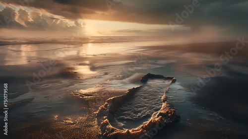 A footprint in wet sand leading towards the ocean, symbolizing the human impact on nature