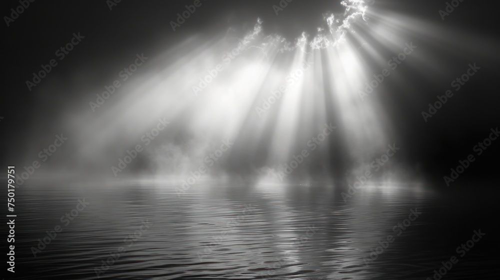  a black and white photo of a body of water with bright beams of light coming from the top of the water and the bottom of the water in the photo.