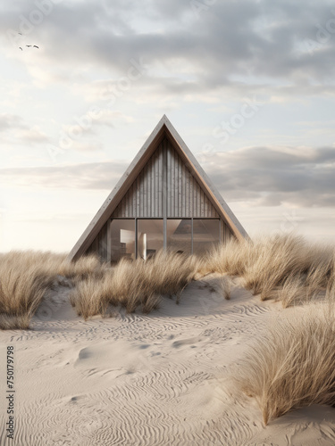 Modern beige wooden a-frame  house