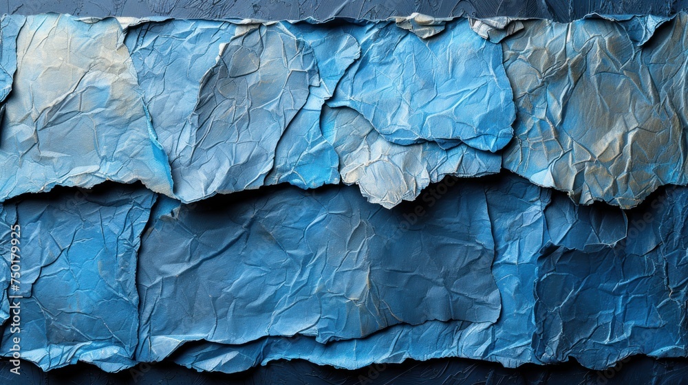  a close up of a piece of paper that looks like a wave of blue and white paint on a black background with a blue strip of paper that has been torn off.