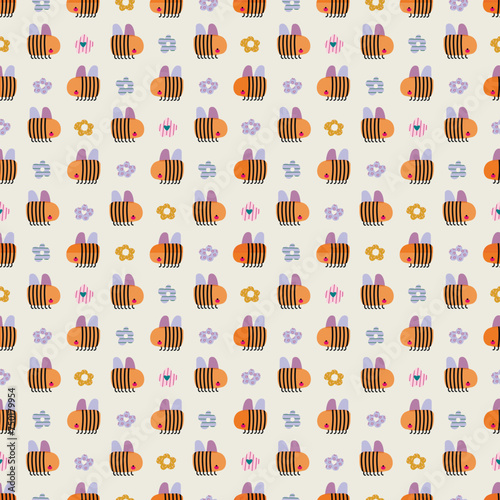 Fototapeta Naklejka Na Ścianę i Meble -  Cute pattern with bees and flowers. Great for fabric, textile