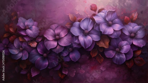  a painting of a bunch of purple flowers on a purple and pink background with red leaves on the bottom half of the painting and the flowers on the bottom half of the frame.