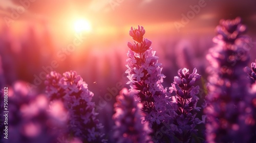  a field full of purple flowers with the sun setting in the backgrounnd of the field in the backgrounnd of the photo is a blurry background. © Nadia