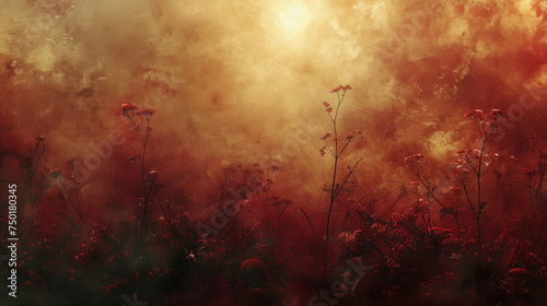  a painting of red flowers in front of a yellow and red cloud of smoke and light from the sun shining down on the plant tops of the tops of the flowers.