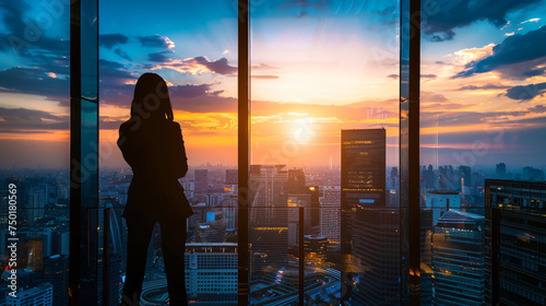 Business person CEO standing on top floor looking at the sunset