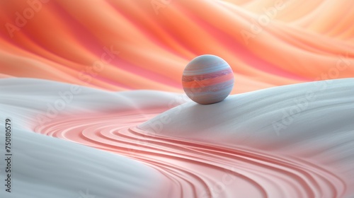  an egg sitting on top of a white, pink, and blue wave covered ground with a red and white swirl in the middle of the top of the image.