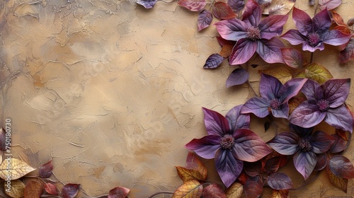  a painting of purple flowers and leaves on a beige background with a place for the text on the left side of the image with a place for your own text.