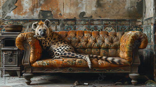 hyena lies on sofa