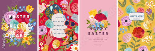 Happy easter. Vector cute illustration of Easter eggs, flowers, plants, woman's hands, floral pattern for greeting card, invitation, greeting, postcard or flyer