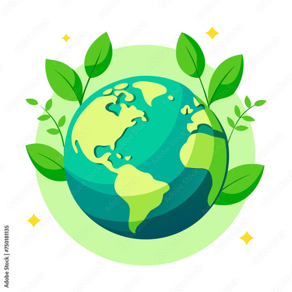 earth globe with green leaves and stars, vector illustration earth globe with green leaves and stars, vector illustration