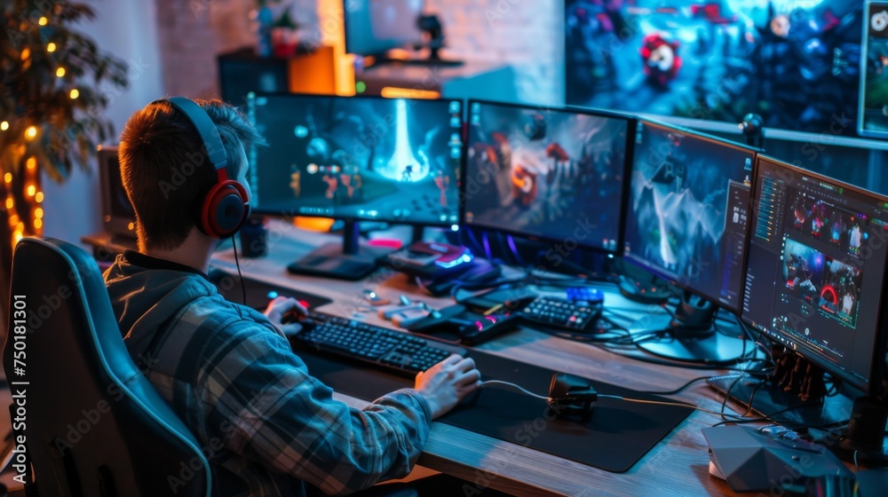 Teenage boy immersed in competitive gaming at a high-tech multi-monitor computer setup, evoking excitement and focus.