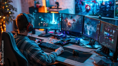 Teenage boy immersed in competitive gaming at a high-tech multi-monitor computer setup, evoking excitement and focus.