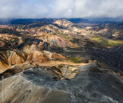 Aerial panorama of colourful Landmannalaugar also called rainbow moiuntains in Highlands of Iceland photo