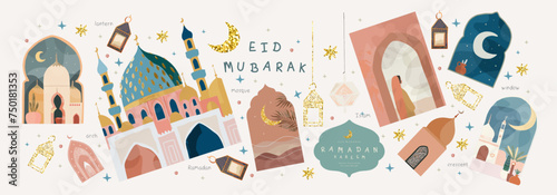 Ramadan Kareem. Eid Mubarak. Vector aesthetic illustrations of crescent moon, mosque, lantern, window, frame, arch, logo, ornament , icon, sign for greeting card, invitation or banner