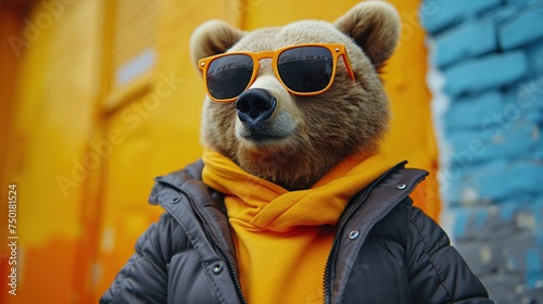  a close up of a person wearing sunglasses and a bear head with a scarf around it's neck and wearing a jacket and a yellow scarf around his neck.