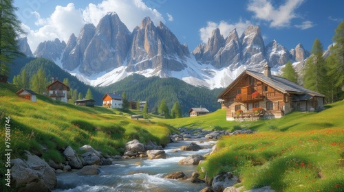  a painting of a mountain scene with a stream in the foreground and a house in the middle of the picture with a mountain range in the distance in the background.