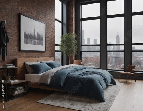 Bedroom interior in a loft apartment. minimalist decor in an industrial and Scandinavian design. Grey pillows on a double bed. 