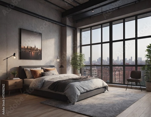 Bedroom interior in a loft apartment. minimalist decor in an industrial and Scandinavian design. Grey pillows on a double bed. 