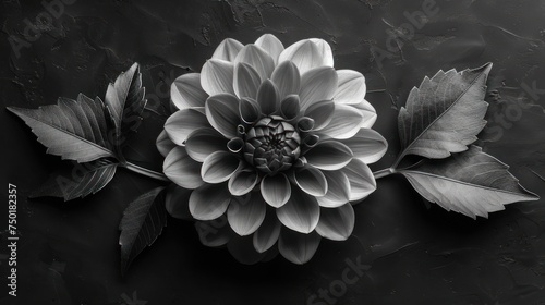  a black and white photo of a flower with leaves on the side of the flower and on the other side of the flower  on a black and white background.