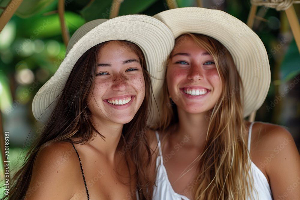 Two young women in matching sun hats sit closely next to each other displaying a warm and friendly demeanor.