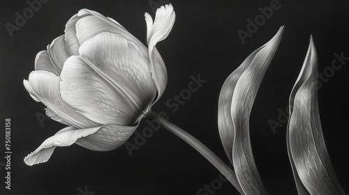  a black and white photo of a tulip with a stem in the foreground, and a single flower in the middle of the image, on a black background.