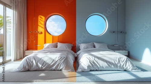  a couple of beds sitting next to each other in a bedroom next to a window with a sky view of the outside of the room and a door to the outside.