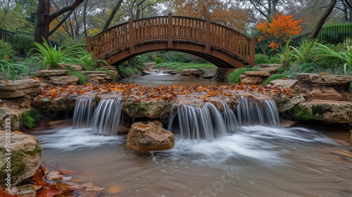  a wooden bridge over a small waterfall with a waterfall cascading down it's side and a wooden bridge over a small waterfall with a wooden bridge above it. © Nadia