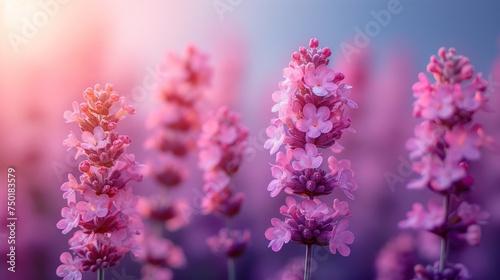  a close up of a bunch of flowers with a blue sky in the back ground and a pink sky in the back ground and a blue sky in the back ground.