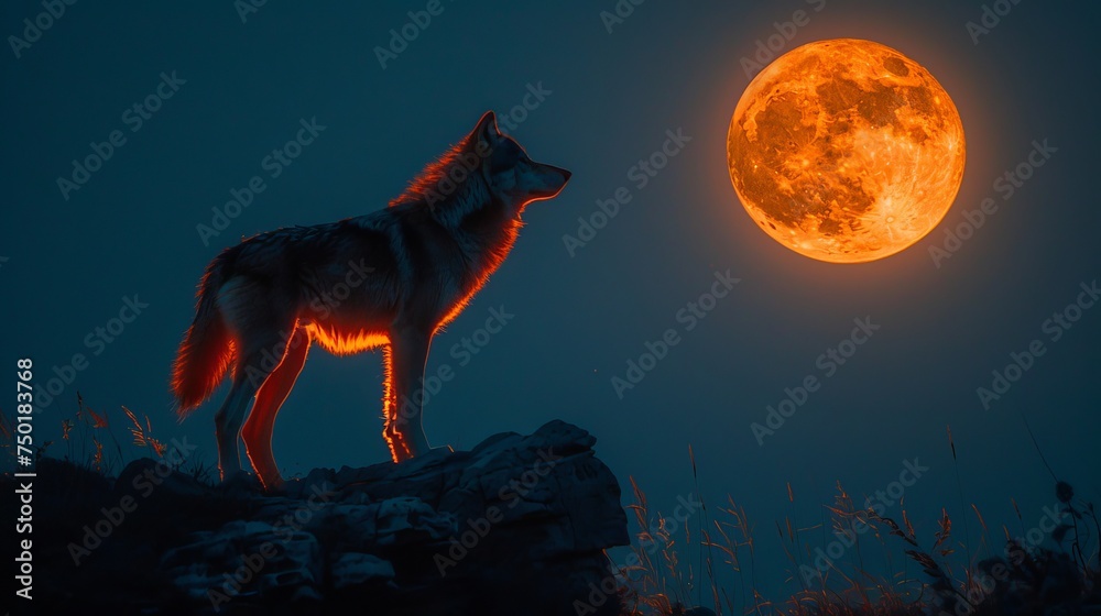 Fototapeta premium Wolf Standing on Hill Under Full Moon