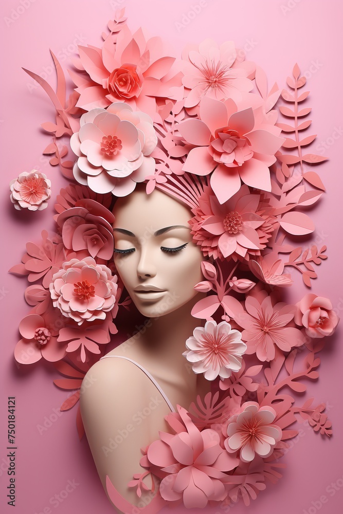 Fashion portrait of beautiful woman with pink flowers on her head, Ai Generated