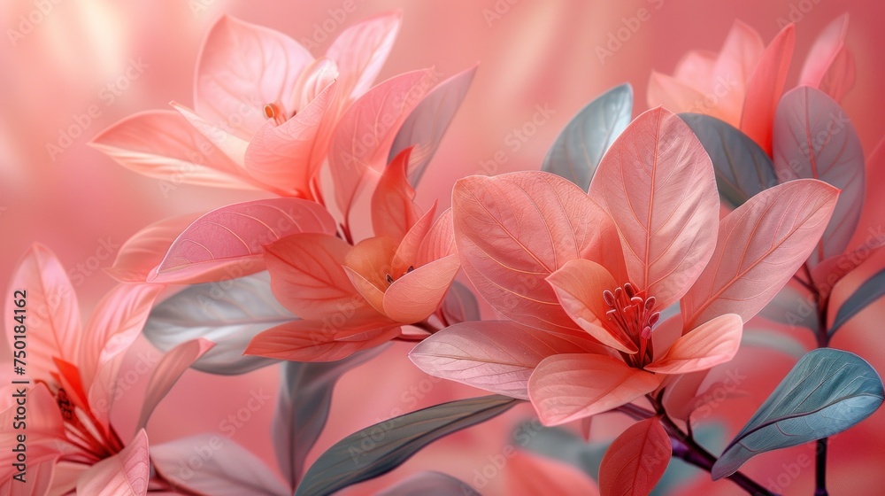  a close up of a pink flower with green leaves on a pink background with a blurry image of pink flowers with green leaves on the bottom right side of the image.