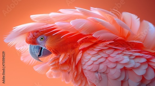  a close up of a red and white bird with feathers on it's back and a yellow back ground with a light orange back ground behind it and a pink background. photo