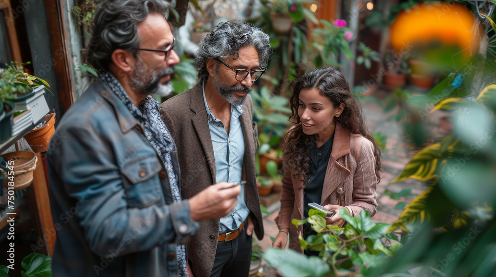 Three People Observing Plants in a Greenhouse