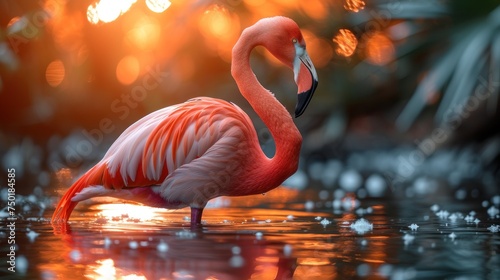  a flamingo standing in a body of water with its head in the water and it's legs in the water and it's reflection in the water.