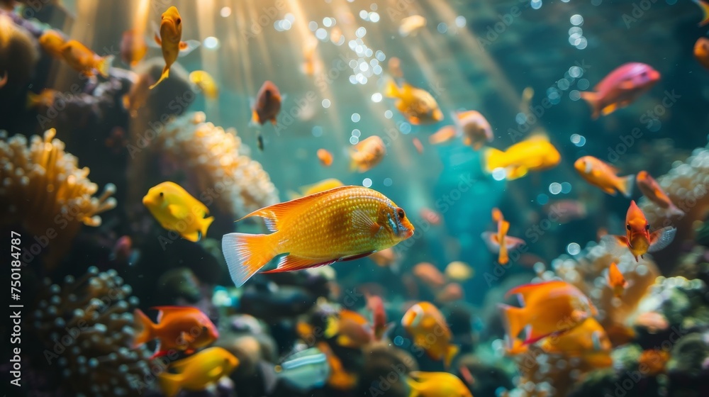 A mesmerizing shot of a school of colorful fish swimming in a coral reef, their vibrant scales shimmering in the dappled sunligh A mesmerizing shot of a school of colorful fish swimming in a coral reef, their vibrant scales shimmering in the dappled sunligh