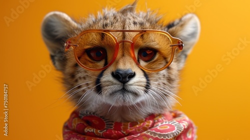  a cheetah wearing glasses with a scarf around it's neck and wearing a scarf around it's neck and a scarf around it's neck.
