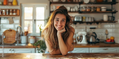 young woman sitting in the kitchen and smiling Generative AI