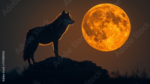 Wolf Standing on Hill Under Full Moon