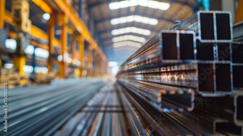 Blurred image of steel rods and metallic profiles stored in a large industrial warehouse with selective focus.