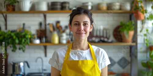 woman in a yellow apron in the kitchen Generative AI photo
