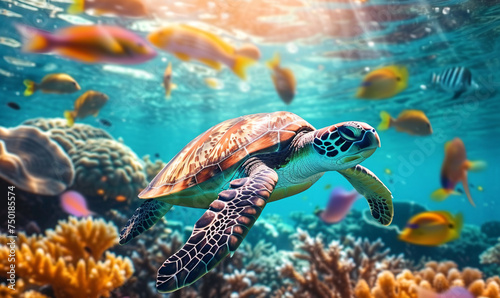 underwater Turtle with colorful fish and sea animals with colorful coral in ocean.  © Chris