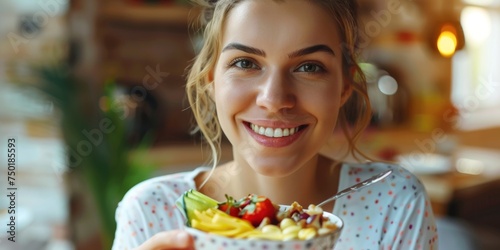 Young woman eating salad Generative AI