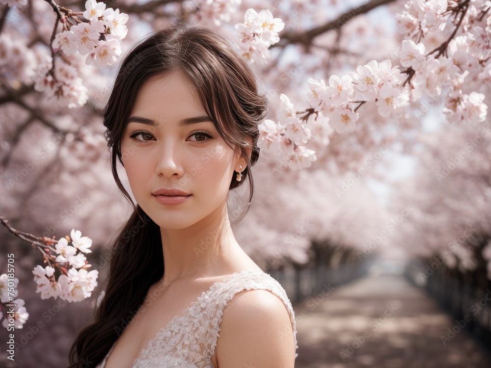 Serene Woman Among Cherry Blossoms in Springtime Elegance Serene Woman Among Cherry Blossoms in Springtime Elegance