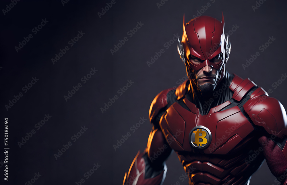Guy in superhero costume with the bitcoin symbol displayed on his chest, symbolizing the power and strength of cryptocurrency. Copy space