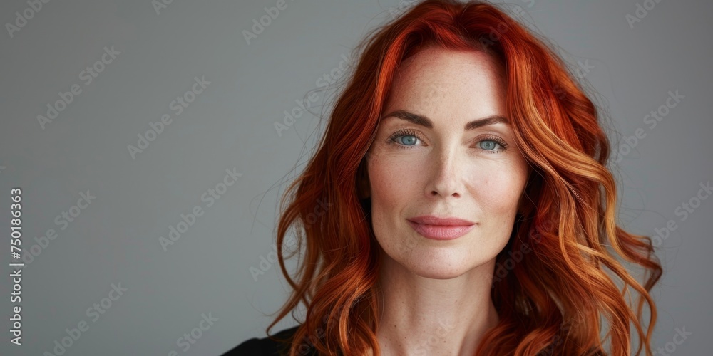 beautiful middle-aged woman with red hair close-up portrait Generative AI