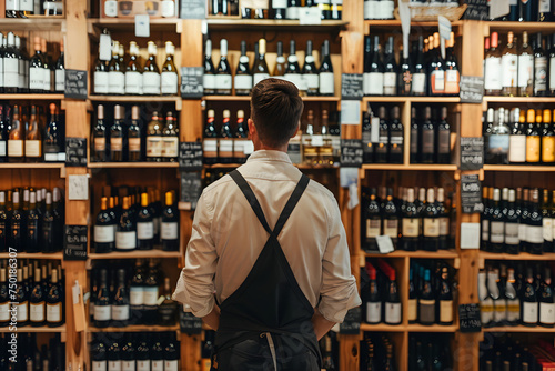 Back view. Wine shop owner in white shirt and black apron