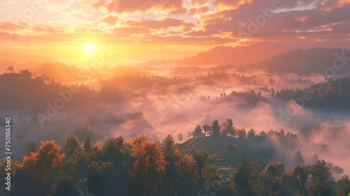 A view from the top of a hill at sunrise  with fog settled in the valley below  symbolizing mystery and the start of a new day