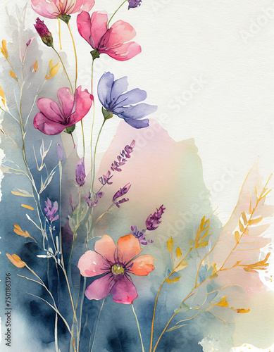 Malowane polne kwiaty, tapeta, dekoracja, akwarela. Generative AI © mycatherina